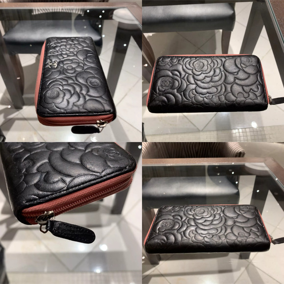 Authentic CHANEL Camellia Lamb Skin Long Zippy Wallet Black Pink - Picture 3 of 6